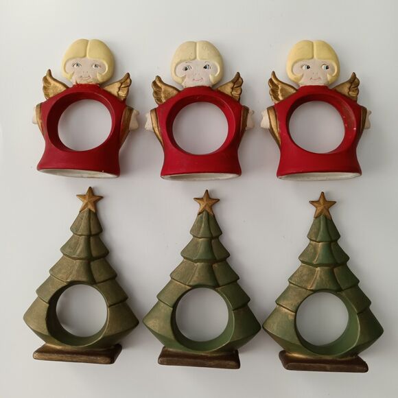 Other - Vintage Christmas Angel & Tree Napkin Ring Holders Ceramic Set of 6 Hand Painted